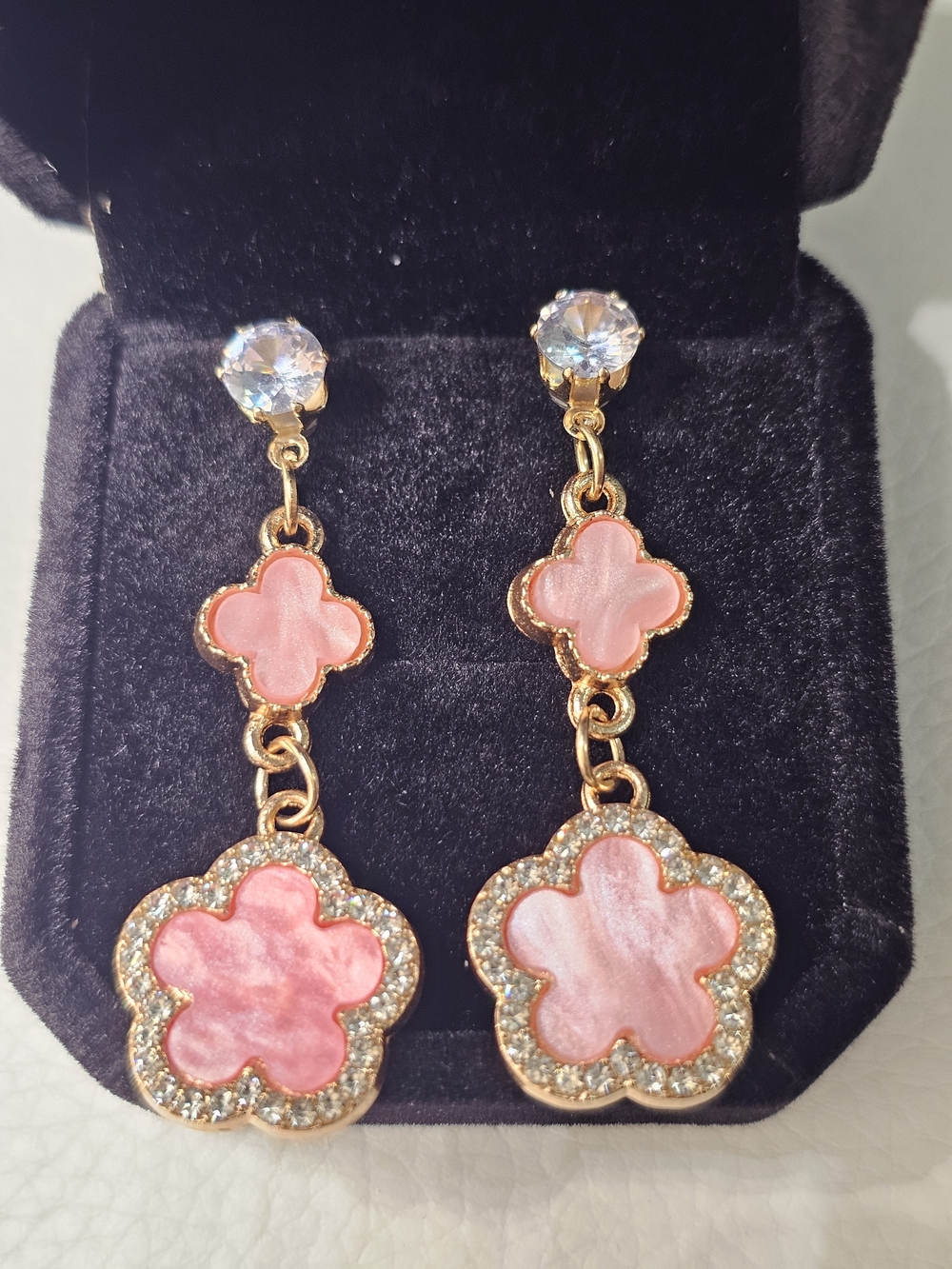 CZ with Gold-Tone Pink Mother-of-Pearl Drop Earrings with Crystal Accents